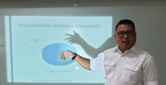 Direktur Eksekutif SCG, Didik Prasetiyono, saat merilis hasil survei Pileg 2019 di Dapil Jatim I (Surabaya-Sidoarjo).