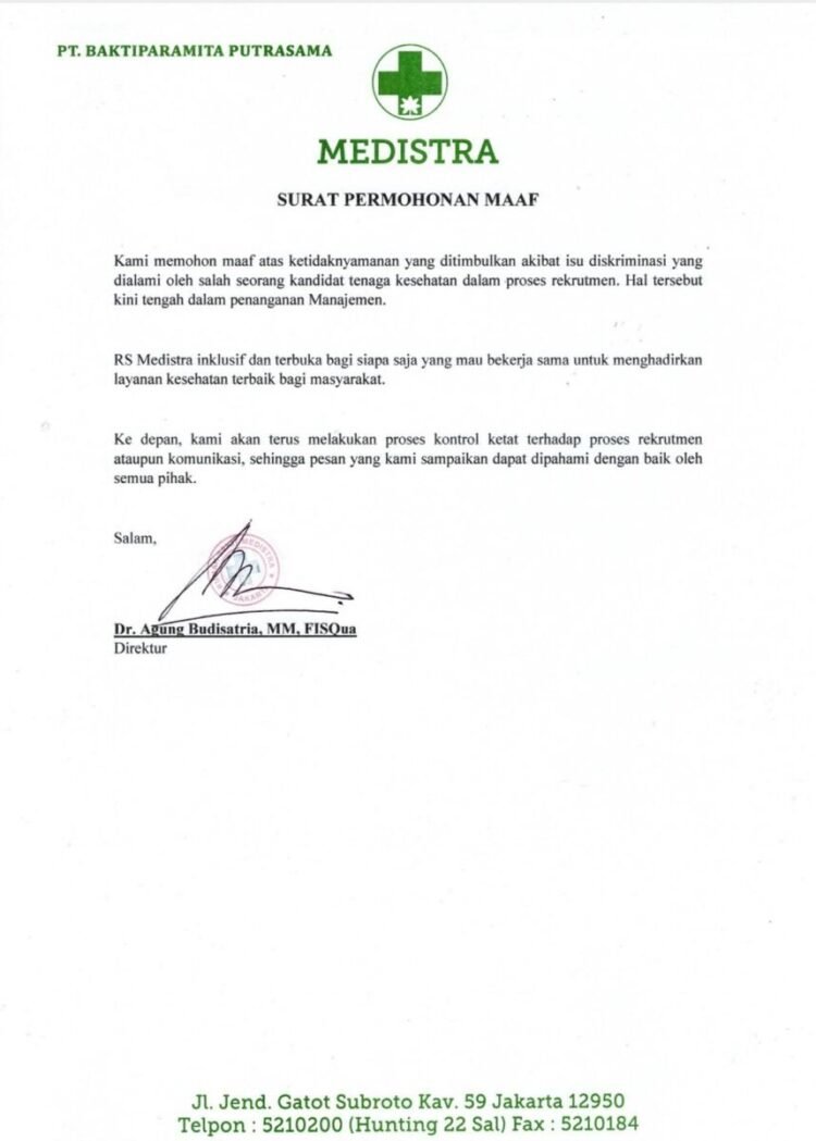 RS Medistra Jakarta Sampaikan Permohonan Maaf Terkait Polemik Pelarangan Jilbab dalam Rekrutmen Tenaga Kesehatan