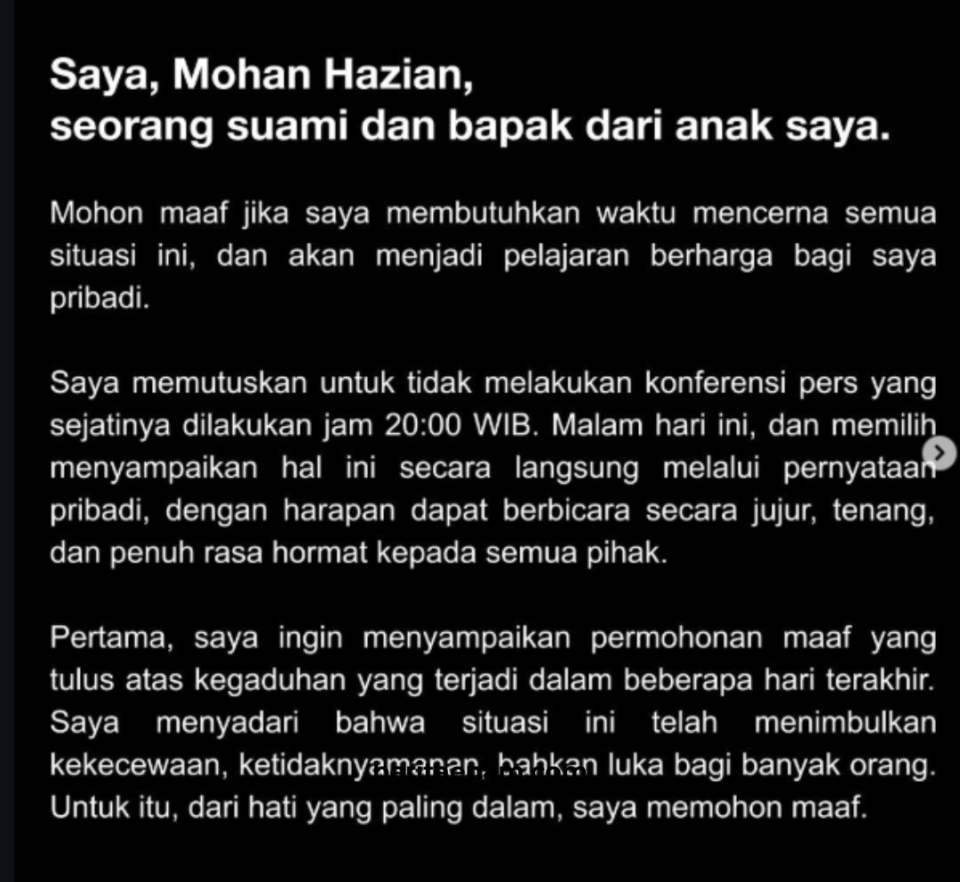 klarifikasi terbaru mohan hazian